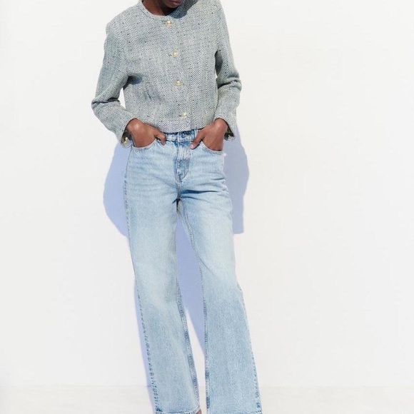 Zara blue & white cotton tweed herringbone blazer jacket - size Small (S) NWT - Picture 5 of 8